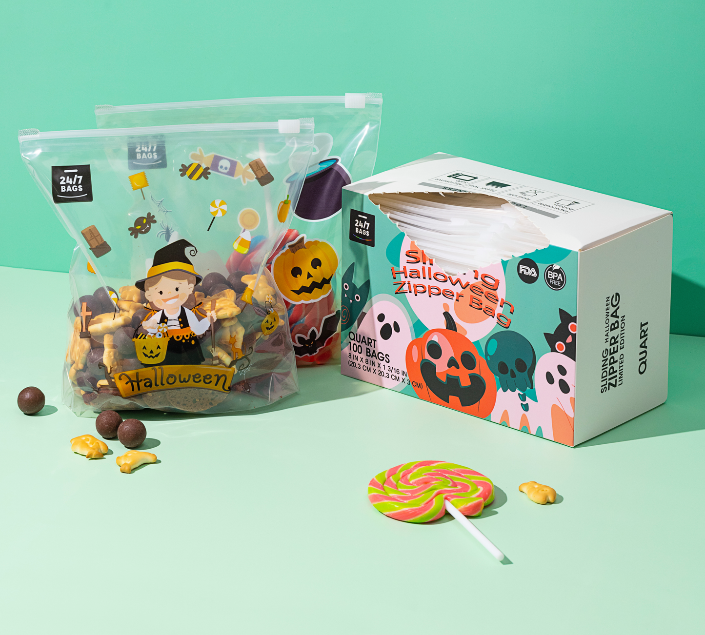 Halloween Edition Slider Food Storage Printed Bags- Quart M / 100 Count