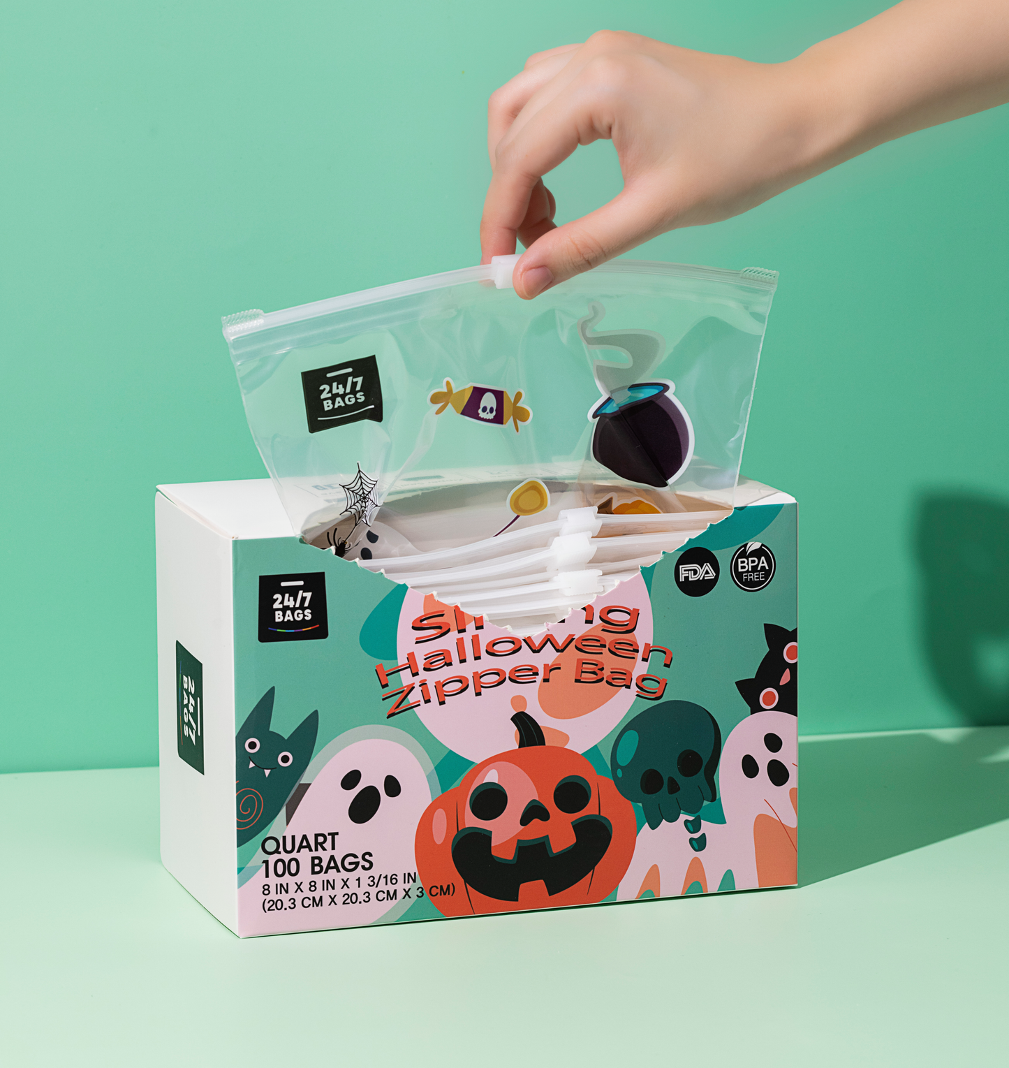 Halloween Edition Slider Food Storage Printed Bags- Quart M / 100 Count
