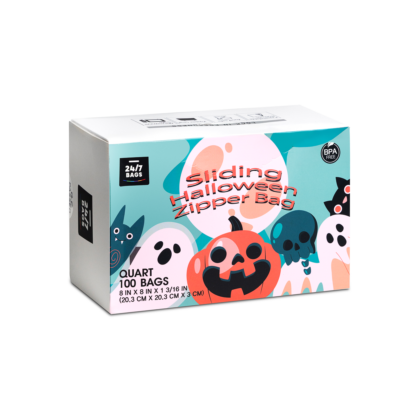 Box of Halloween-themed sliding zipper bags with cartoon characters on a white background