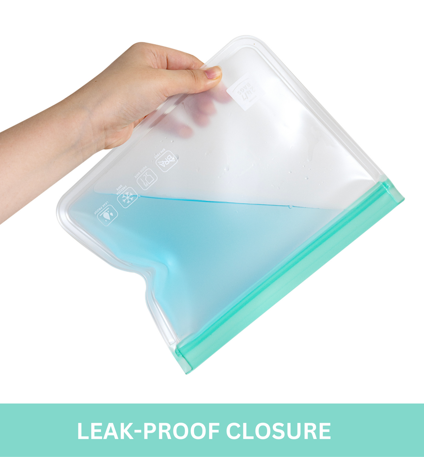 PEVA bag is being held upside down with liquid inside to show how leak proof the double zipper is.