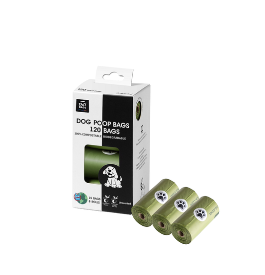 100% Certified Compostable Dog Poop Bags, Non Scented /  8 Rolls of 15 Bags