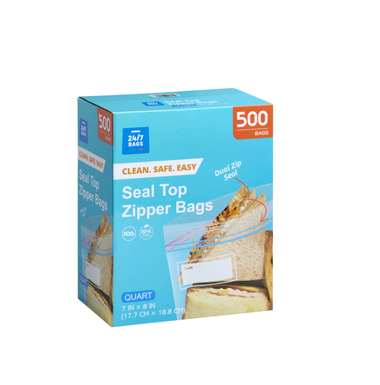 Double Zipper Quart Food Storage Bags with Write-On Rectangle- M/500 Count