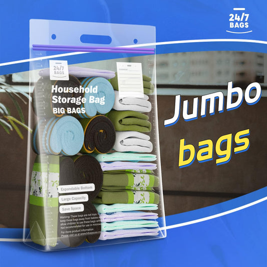 24/7 Bags Double Zipper Jumbo Bags, 10 Gallons, 15 Count, Expandable Bottom & Handle, Clear