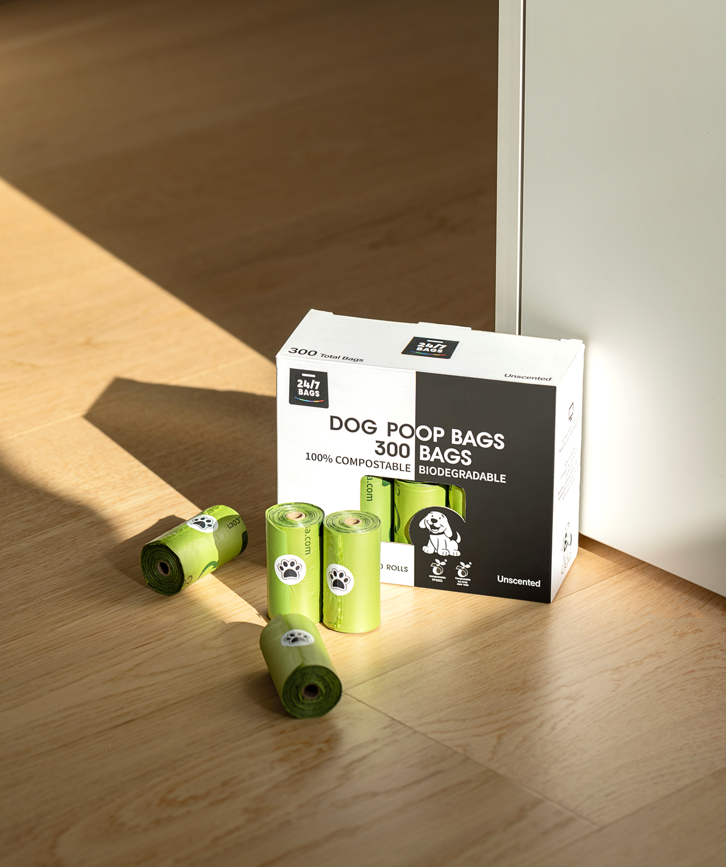 100% Certified Compostable Dog Poop Bags, Non Scented /  20 Rolls of 15 Bags