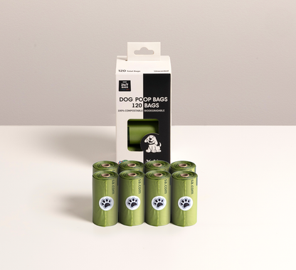 100% Certified Compostable Dog Poop Bags, Non Scented /  8 Rolls of 15 Bags