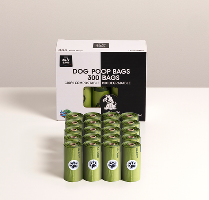100% Certified Compostable Dog Poop Bags, Non Scented /  20 Rolls of 15 Bags