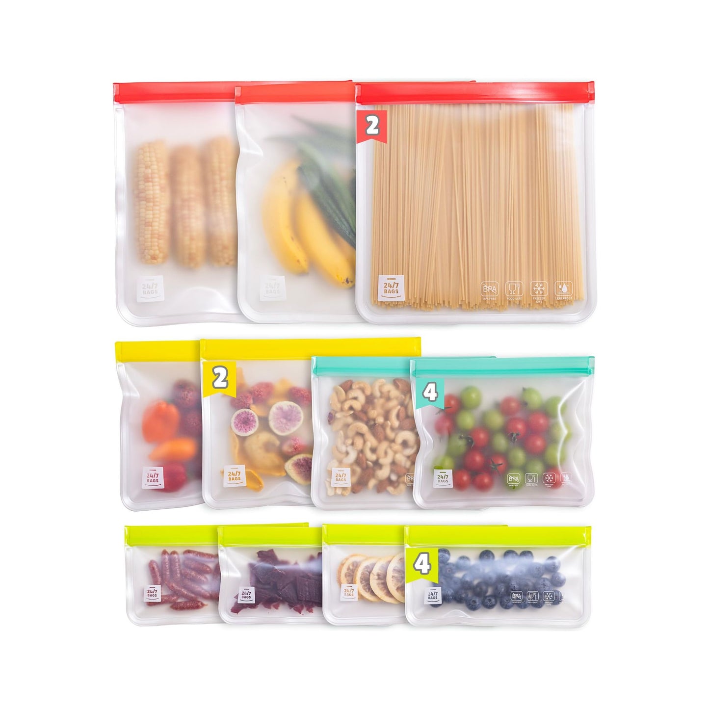 All 4 sizes of PEVA storage bags are on display with a number indicator to show the quantity in the pack. 