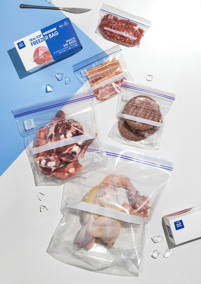 Double Zip Freezer Food Storage Bags, Gallon/ 120 Count, Expandable Bottom and Writeable Calendar