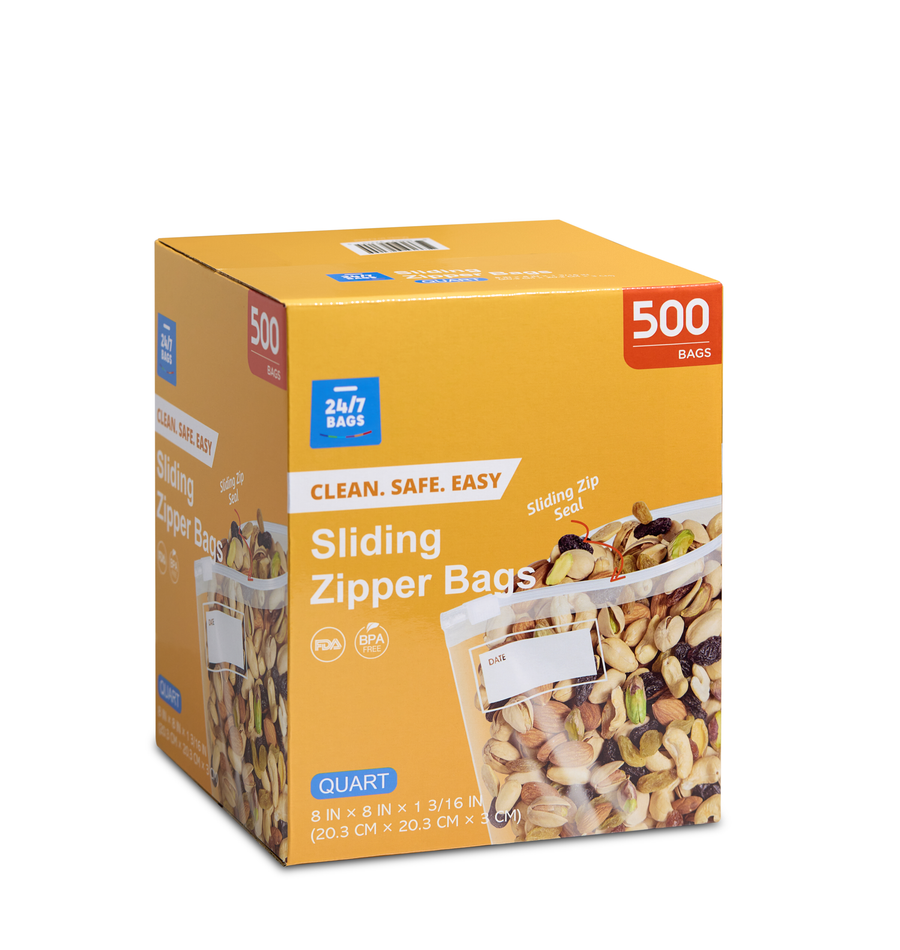 Slider Quart Food Storage Bags with Expandable Bottom Value Box- M/500 Count