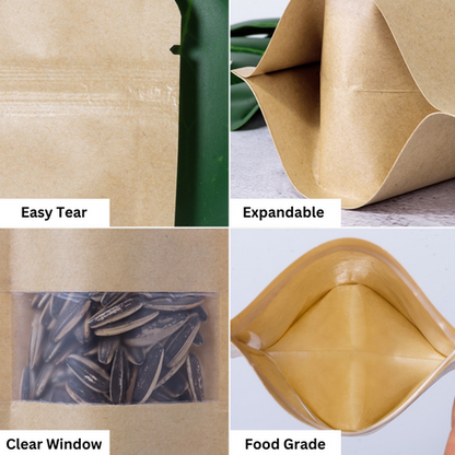 Kraft Resealable Stand Up Pouch Bags With Clear Window (5.5" x 7.8") / 200 Count