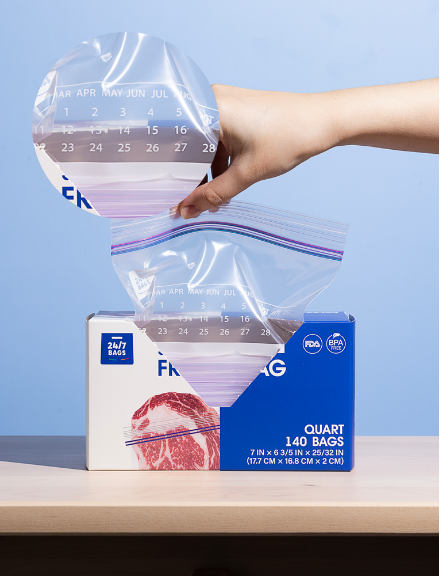 Double Zip Freezer Food Storage Bags, Quart/ 140 Count, Expandable Bottom and Writeable Calendar