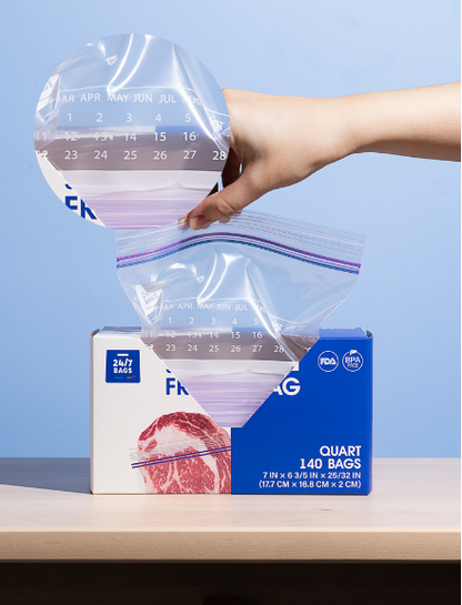 Double Zip Freezer Food Storage Bags, Quart/ 140 Count, Expandable Bottom and Writeable Calendar
